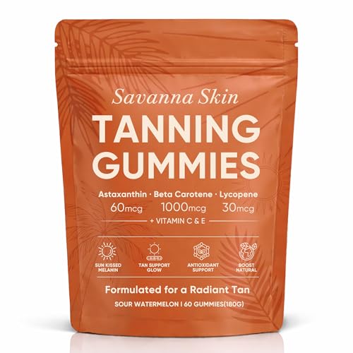 Savanna Skin Tanning Gummies, with Astaxanthin, Beta-Carotene, Lycopene & Vitamins, Radiant Healthy Skin, Vitality Support & Hydration, Vegan, Sugar-Free, Sour Watermelon Flavor, 60 Count (1)