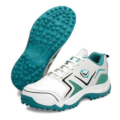 PRO KVH Plus 2.0 Cricket Shoes for Men's – Fast Strap Rubber Spikes, Lightweight,Performance, Comfort, and Durability Shoe for All-Round Performance White - Sea Green