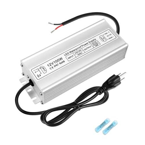 Image of LED Driver 100W 12V Power Supply, IP67 Waterproof Low Voltage Transformer, AC 90-265V to DC 12V 8.5A Converter for Outdoor Landscape Lighting and LED Strip Lights, with 3-Prong Plug 3.3 Feet Cable