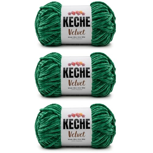 Image of Keche Velvet Yarn for Crocheting, Soft Chenille Bulky Baby Blanket Amigurumi Yarn 100 gr (132 yds) 3 Skeins - Benetton Green