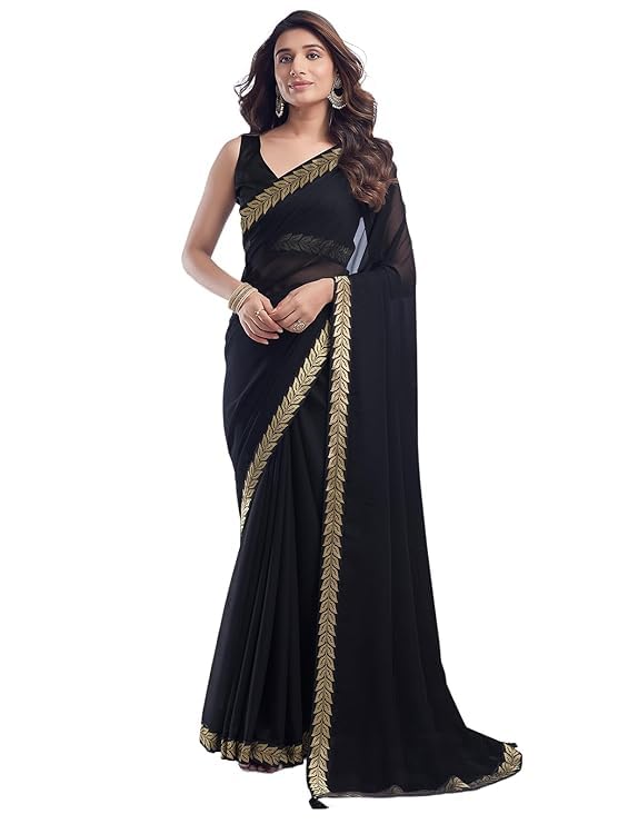RAJESHWAR FASHION WITH RF Women’s Printed Georgette Sarees For Ladies & College Girls Farewell With Lace Border & Blouse