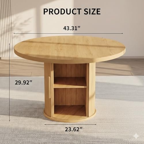 Image of HIPIHOM Round Wooden Dining Table with Storage, 43.3 inch Wood Tabletop, 2-Piece Semi-Circle Design, Pedestal Base Dining Table for Kitchen & Dining Room, Natural Oak