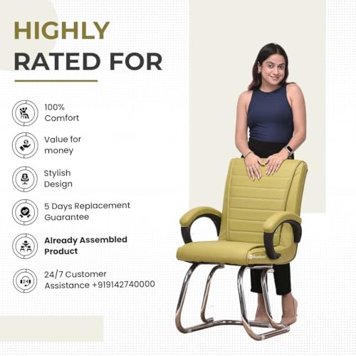 Image of GOYALSON Home Exclusive Visitor Study Reception Chair with Arm Rest and Heavy Frame with Cushioned Seat Back Chair (1, Green, Double Pipe Chrome Frame)