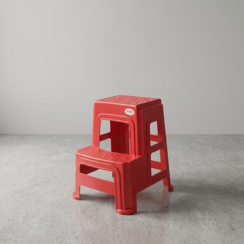 Image of Oaknest Supreme Multipurpose Plastic 2-Step Stool for Kids & Adults - Anti-Slip Lightweight Stepping Stool for Kitchen, Bathroom & Home - Red, 1 Piece