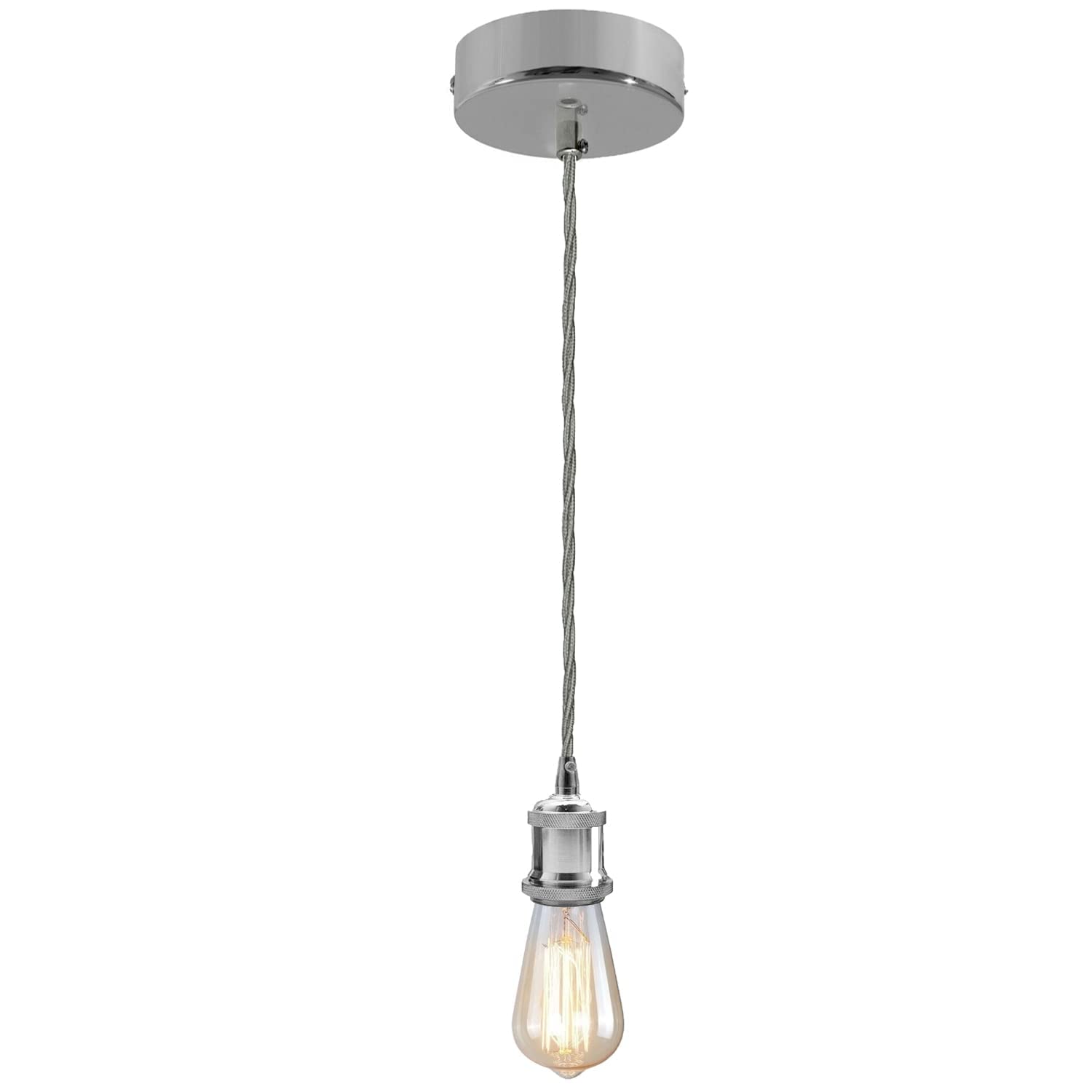 Vintage Chrome E27 Pendant Light Fitting Kit – Industrial Ceiling Lamp Holder with 95cm Adjustable Twisted Braided Cable Hanging Light for Kitchen Island, Dining Room, Bar, Café & Loft Lighting — image 1