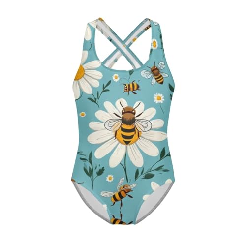 Watdotory Mädchen-Badeanzug, einteiliger Badeanzug mit gekreuzten Rückenträgern, lustige Bademode, Bienen und Gänseblümchen, 5-6 Jahre