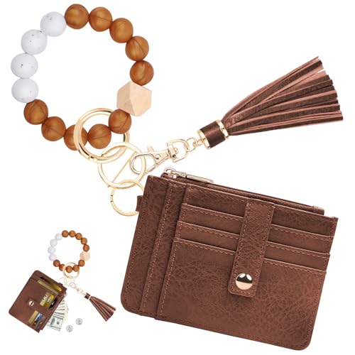 Image of KNGITRYI Wristlet Wallet for Women,RFID Keychain Wallet with Beaded Strap | 8 Card Slots,ID Window,Zipper Pocket,Leather Tassel,Compact Design
