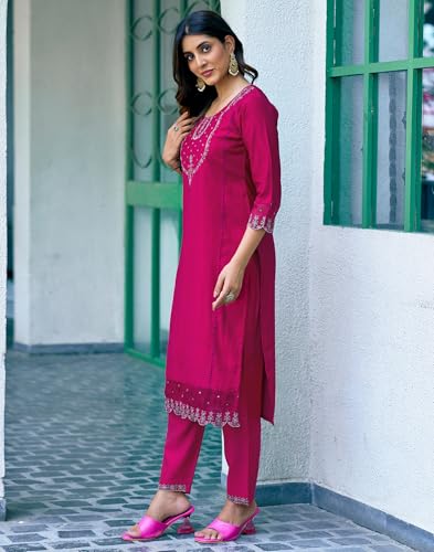 Image of SIRIL Women's Rayon Viscose Sequence Embroidery Work Straight Kurta Pant with Dupatta Set
