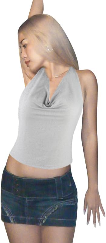 Women Sparkly Halter Top Sexy Backless Crop Tank Top Sleeveless Cami Vest Glitter Rave Party Outfits Clubwear Silver - Image 2