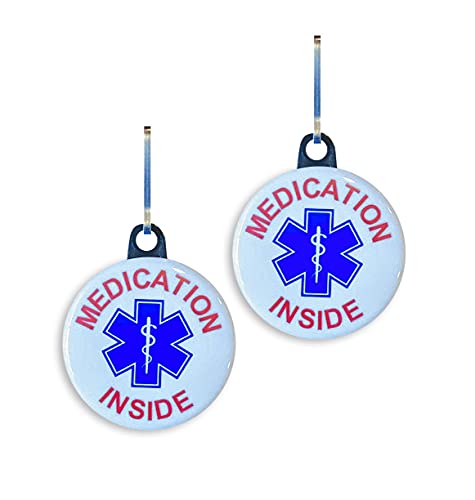 Medication Inside Zipper Pull in Case of Emergency | Medical Bag Tags | 2 Pack Clip on Pill Locator