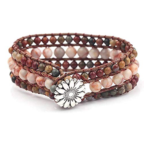 YGLINE Boho Handmade Natural Stone Bead 3 Row Wide Wrap Wrist Statment Bracelet Jewelry Collection