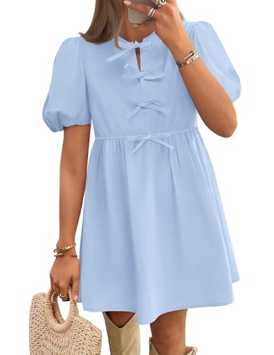Image of ZESICA Women's Summer Short Sleeve Tie Front Mini Dress Babydoll Ruffle Pleated A Line Vacation Graduation Short Dresses