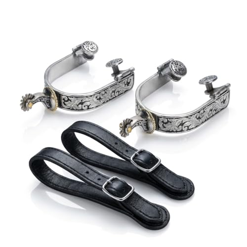 Western Cowboy Spurs, Paired with 6 Holes Spurs Belt, Stainless Steel Western Horse Spurs with Rotatable Gear...