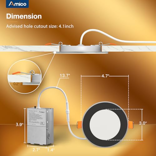 Amico 12 Pack Black 4 Inch 5CCT LED Recessed Ceiling Light with Night Light, 2700K/3000K/3500K/4000K/5000K Selectable Ultra-Thin Lighting, 10W=90W, 700LM, Dimmable Canless Wafer Downlight - ETL&FCC