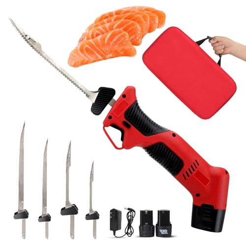 HLGKBY Cuchillo eléctrico Recargable, Cuchillo para Filete inalámbrico con 4 Cuchillas antiadherentes recubiertas de nitruro de Ti y 2 baterías, Cuchillo a batería con Bloqueo Seguro y Mango