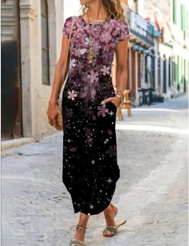 Image of Women Summer Casual Maxi Dress Floral Printed Loose Pockets Short Sleeve Split Boho Dresses