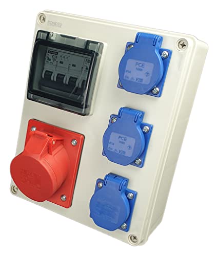 RoadEu - Distributeur de courant 16A 5P Prises CEE, 3x 230V - Distributeur CEE avec disjoncteur C 16A 3P, C16A 1P - Répartiteur de courant de chantier 16A - Distributeur extérieur étanche IP44