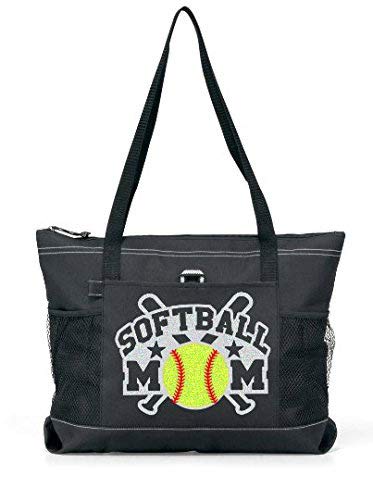 Glitter Softball Mom Tote. Silver glitter Crossed Bats with a Yellow glitter Softball on a Large Black Tote