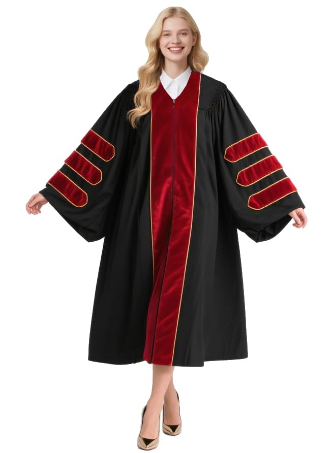 GradPlaza Unisex Deluxe Doctoral Gown Graduation Gown with Velvet and Gold Piping