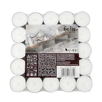 Hofer Tealight Candles White Unscented - 100 Pieces - Tea Light Drip Wax Candles - 4 Hour Burn Time - 1 x Set of 100 Tealights