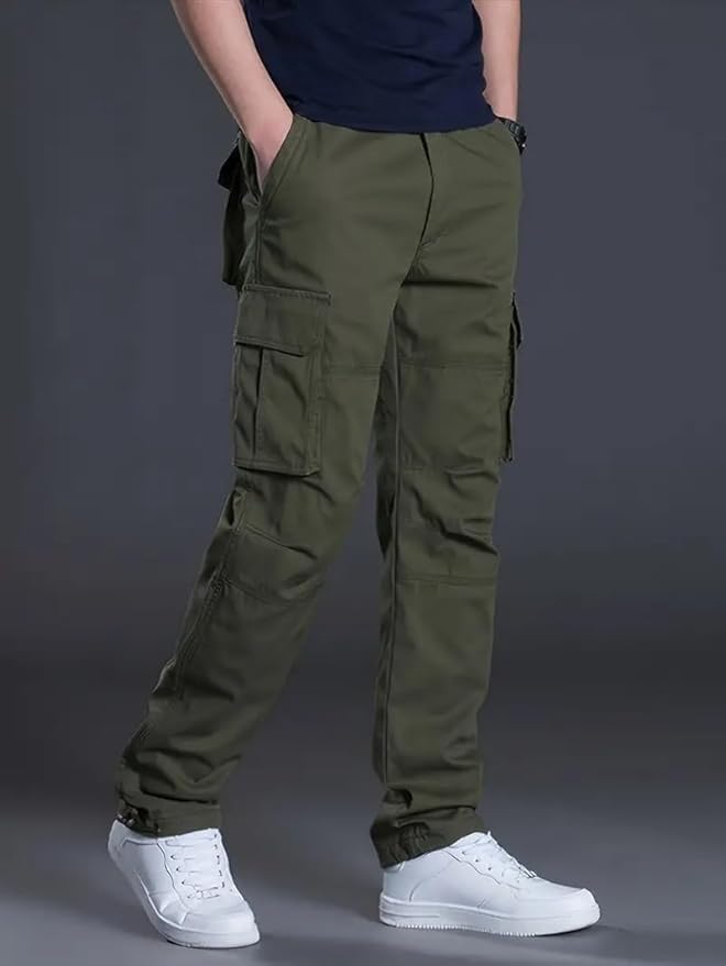 Image of DBAX Men's Olive Green Utility Cargo Pants | Multi Pocket Relaxed Fit Cargo Trousers | Durable Casual Streetwear Pants for Men