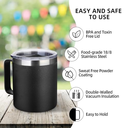 Volhoply 14oz Insulated Stainless Steel Coffee Mug with Lid Bulk 2 Pack,Double Wall Vacuum Travel Coffee Cup with Handle,Reusable Metal Tumbler,Camping Mugs Keep Hot,Christmas Gifts(Black,2 Set) - Image 4