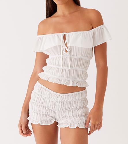 NUFIWI Women's Y2k Ruched Mini Shorts Low Waist Ruffle Frill Bloomers Lounge Pajamas Smocked Micro Shorts Sleepwear2