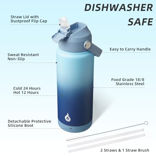 Image of BJPKPK Water Bottle with Straw Lid, 24oz Vacuum Insulated Water Bottles, Metal Stainless Steel Thermo for Sports, Travel, BPA Free Leak Proof Thermo, Cups, Flasks, Tumblers,Sky