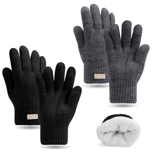 Image of Mayoii 2PCS Winter Gloves for Men and Women, Thermal Knit Touchscreen Gloves with Fleece Lining, Thermal Glove Womens For Running, Ski, and Cold Weather (Black+Grey, One Size)