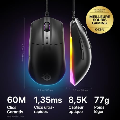 SteelSeries Rival 3 Gen 2 - Souris Gaming 8500 DPI - Capteur Optique TrueMove Core - Durabilité 60 Millions de clics - Faible Latence - Poids léger 77 g - Patins 100% PTFE - RGB - Noir