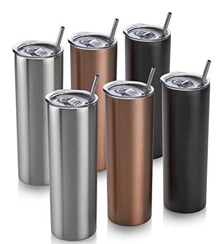 6 Skinny Tumbler 6 Pack - 20 oz Stainless Steel Insulated Reusable Tumbler with Lids and Straws Plus Cleaning Brush â€“ For Hot and Cold Drinks