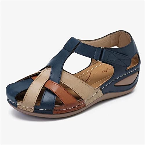Womens Leather Sandals Bohemia Vintage Closed Toe Wedge Shoes Hollow Out Cross Orthopedic Sandals Breathable Outdoor Shoes2