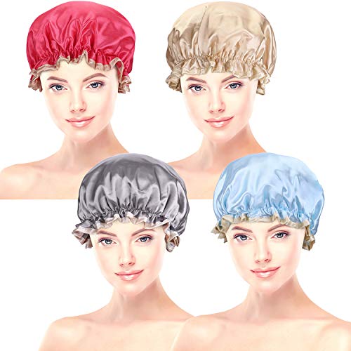 Blulu 4 Pieces Waterproof Shower Cap Bathing Cap Double Layered Shower Hat for Women Favors (Color Set 1)