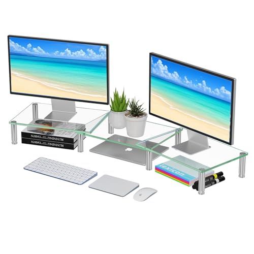 Simple Trending Dual Monitor Stand Riser Computer Office Desktop Organizer for 2 Monitors with Tempered Glass Adjustable Length and Angle Stand for Laptop Printer TV