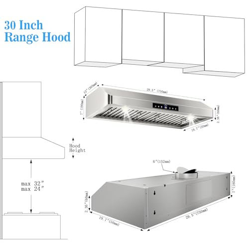 Image of 30 inch Range Hood Under Cabinet, 1200 CFM with 4-Speed Gesture Sensing & Touch Control, Stainless Steel Kitchen Stove Vent Hoods with 2 LED Lights, Time Setting,18B-E30