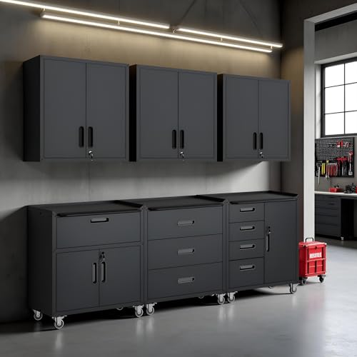 EKJ Garage Storage Cabinet System 6pcs Heavy Duty Workshop Set Wall Cabinet Lockable Rolling Tool...