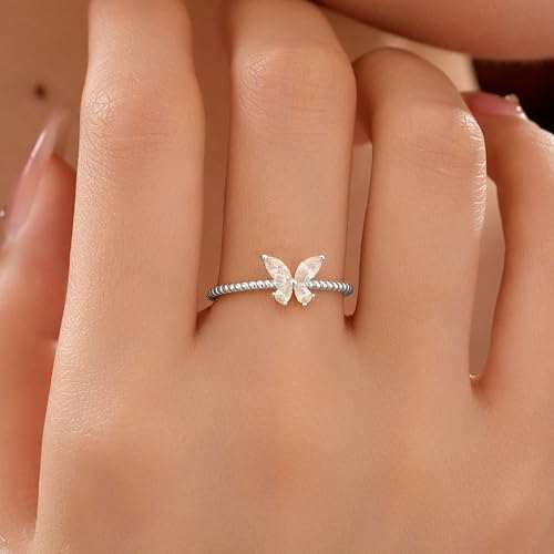 CZ Butterfly Ring for Women 925 Sterling Silver Cool Cute Simple Promise Rings 14K Gold Plated Dainty Trendy Stackable Minimalist Wedding Band Ring to Daughter Mom Christmas Wedding Ideal Gift2