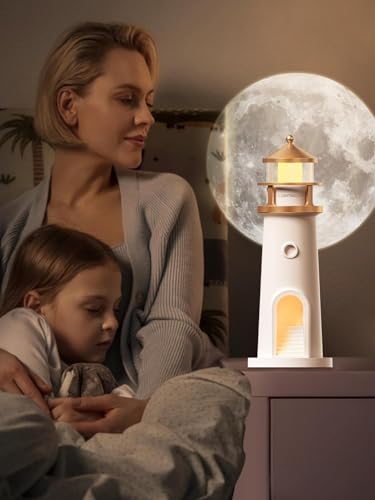 Image of Desidiya Lighthouse Lamp Galaxy Moon Projector Lamp Night Light LED Light with Remote, 4 Brightness Levels, Timer, USB Rechargeable Tabletop Light for Kids Bedroom & Aesthetic Room Decor