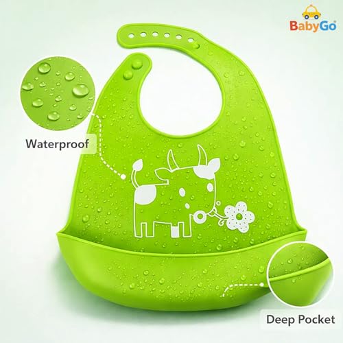 Image of BabyGo Silicone Baby Bib for Feeding & Weaning Infants & Toddlers |Waterproof, Washable & Reusable | Adjustable, Lightweight & Foldable Bib with Food Catcher Pocket |Light Green (Pack of 1)