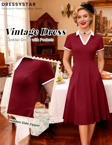 Image of Dressystar Women's 1950s Vintage Swing Dress Short Sleeve V Neck A Line Retro Rockabilly Cocktail Party Dresses With Pockets