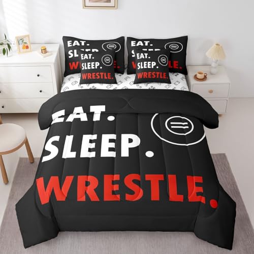 Wrestling Sports Kids Comforter Set 7 Piece Queen Size,Eat Sleep Wrestle Theme Sport Reversible Quilt Set,Wrestle Rodeo Black Red Bedding Set with Comforter,Sheet,Pillowcase