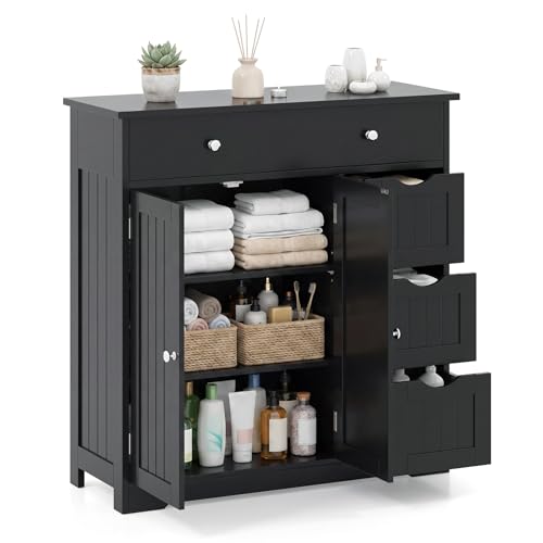 Image of Tangkula Bathroom Floor Cabinet, 4 Drawers, 2 Doors Cabinet (Black) | Large Modern Freestanding Storage Cabinet, Adjustable Shelf, for Bathroom Living Room Entryway Kitchen