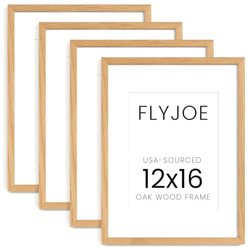Image of FLYJOE 12x16 Oak Wood Picture Frame with Mat for 8.5x11, 12 by 16 USA-Sourced Natural Solid Wooden Photo Frame for Wall Display, Shatterproof Plexiglass, Hanging Hardware Included, 4 Pack, Natural
