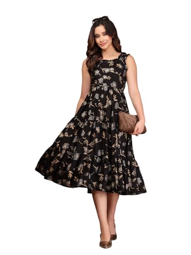 Image of Daevish New Rayon Floral Printed Flared Midi Dress for Women | Women Calf Length Dress