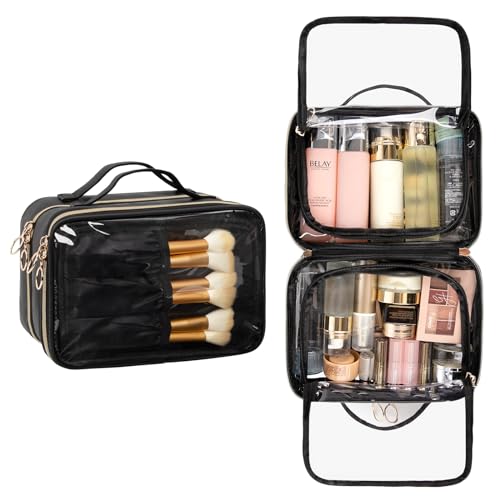 OCHEAL Makeup Bag, Double Layer Clear Make up Bag Organizer, Large Capacity Cosmetic Bag for Women Travel Beauty Essentials,Multiple Compartments Makeup Case Zipper Pouch -Clear2