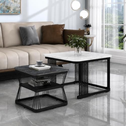 Image of Brown Art Shoppee Set of 2 Modern Coffee Tables with Marble Finish Top, Metal Frame, Nesting Center Table & End Table for Living Room Home Decor (Black & Black-White)