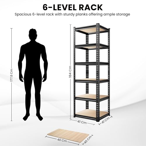Image of Robustt 6-Tier Multipurpose Storage Rack | Bolt-Free Assembly | Metal Stand With Thick MDF Board | 175kg Capacity Per Shelf | 72x16x16 Inch Adjustable Shelf Rack for Home, Garage & Shop | Black