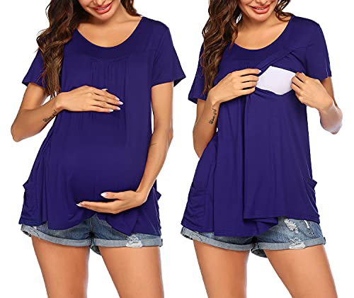 Image of Ekouaer Women's Nursing Tops Maternity Shirt for Breastfeeding Double Layer Short Sleeve Pregnancy T-Shirts with Pockets