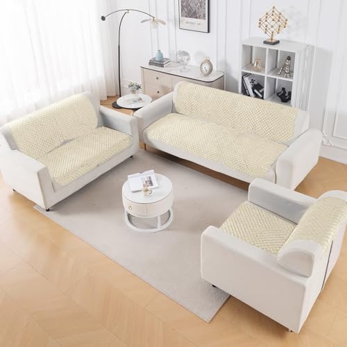 Image of HOKIPO Quilted Sofa Cover 6 Seater Set - Washable 3+2+1 Sofa Panel for Seat & Back | 'Quilt Classic' Beige (IN-927+926+925 * 2-Beige)