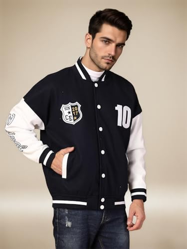 Image of CHKOKKO Men's Oversized Varsity Jacket with Snap Button Closure and Patch Design Trendy Comfortable Outerwear for College Travel and Casual Wear